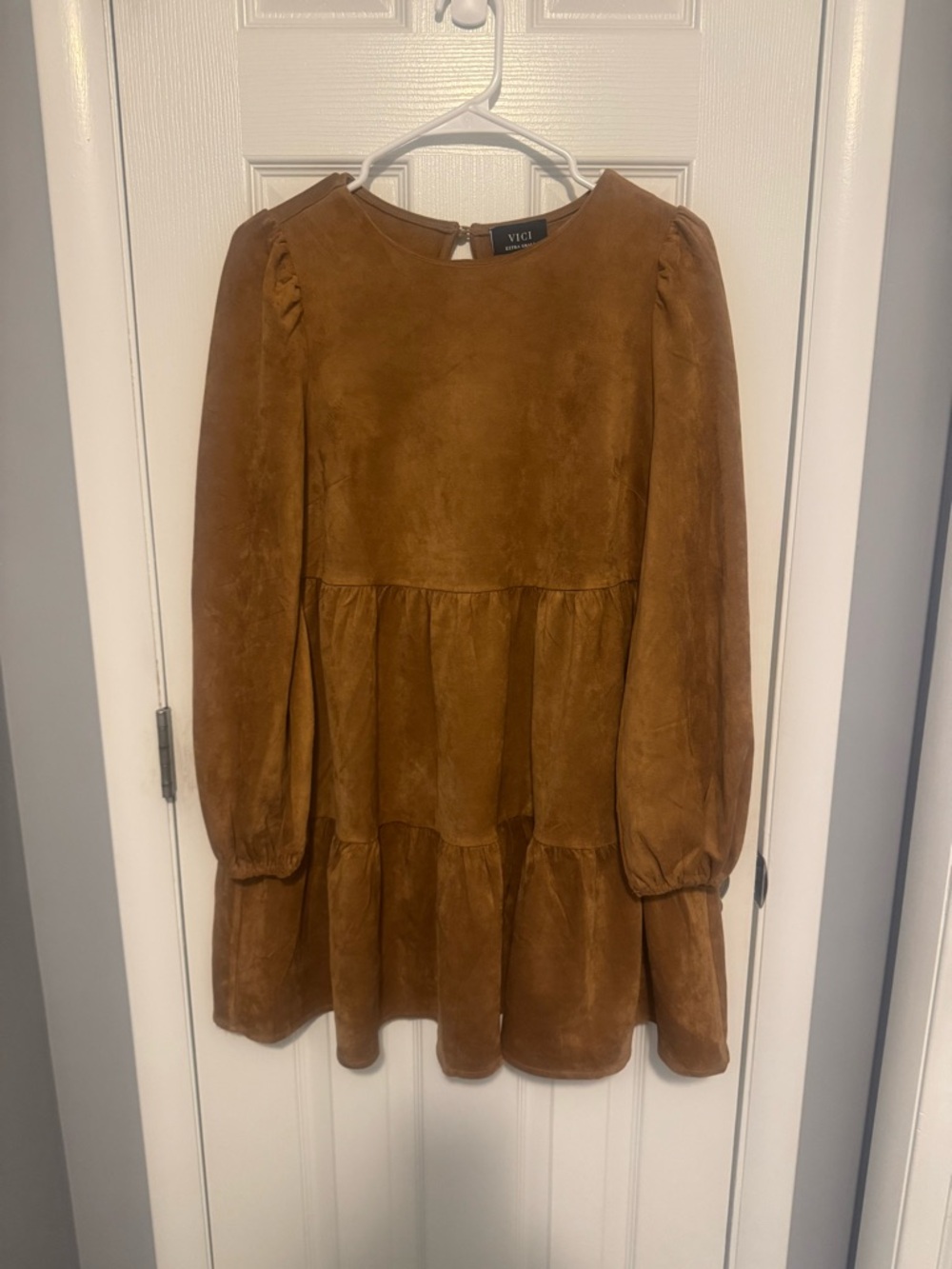 VICI Faux Suede Rust Brown Tiered Long-Sleeve Dress